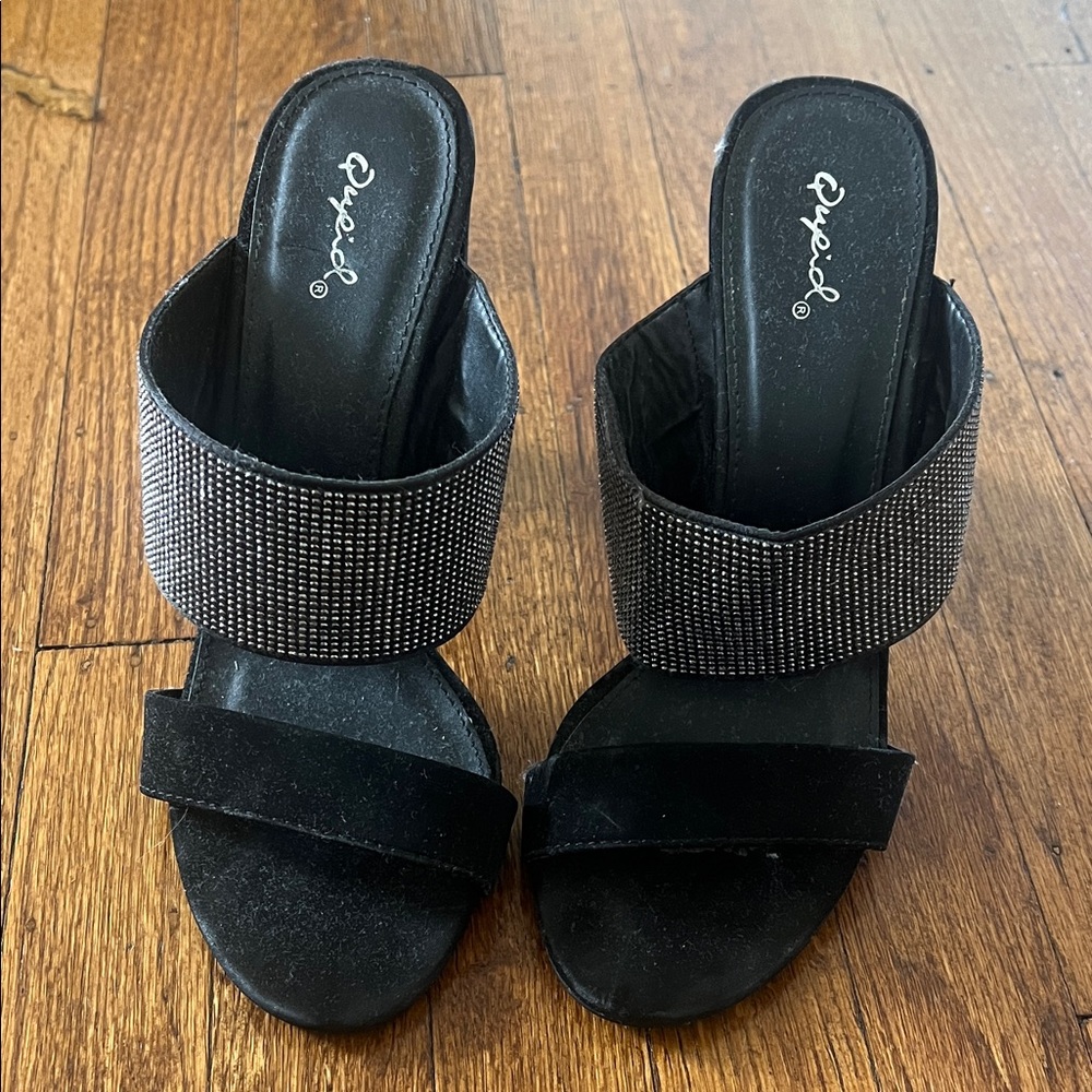 Qupid Black Rhinestone Two-Band Slide Heels